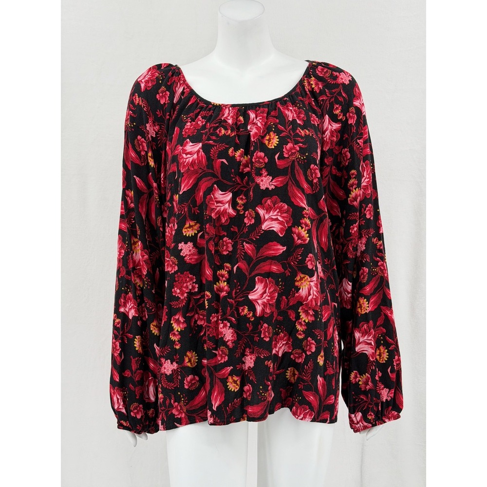 Terra & Sky Top Women 3X Black Red Dark Floral Peasant Long Sleeve Romantic Boho